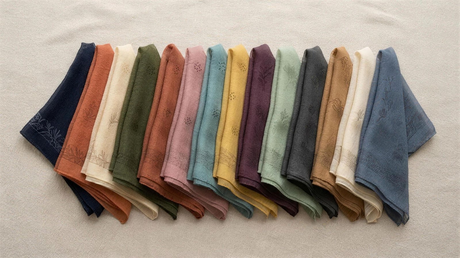 Fourteen sheer chiffon hijab scarves fanned on linen, each in a different muted colourway