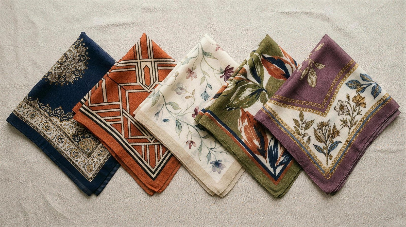 Five square chiffon hijabs quarter-folded to show five different corner designs: medallion, art-deco, watercolour vine, painterly leaf and botanical with chain border