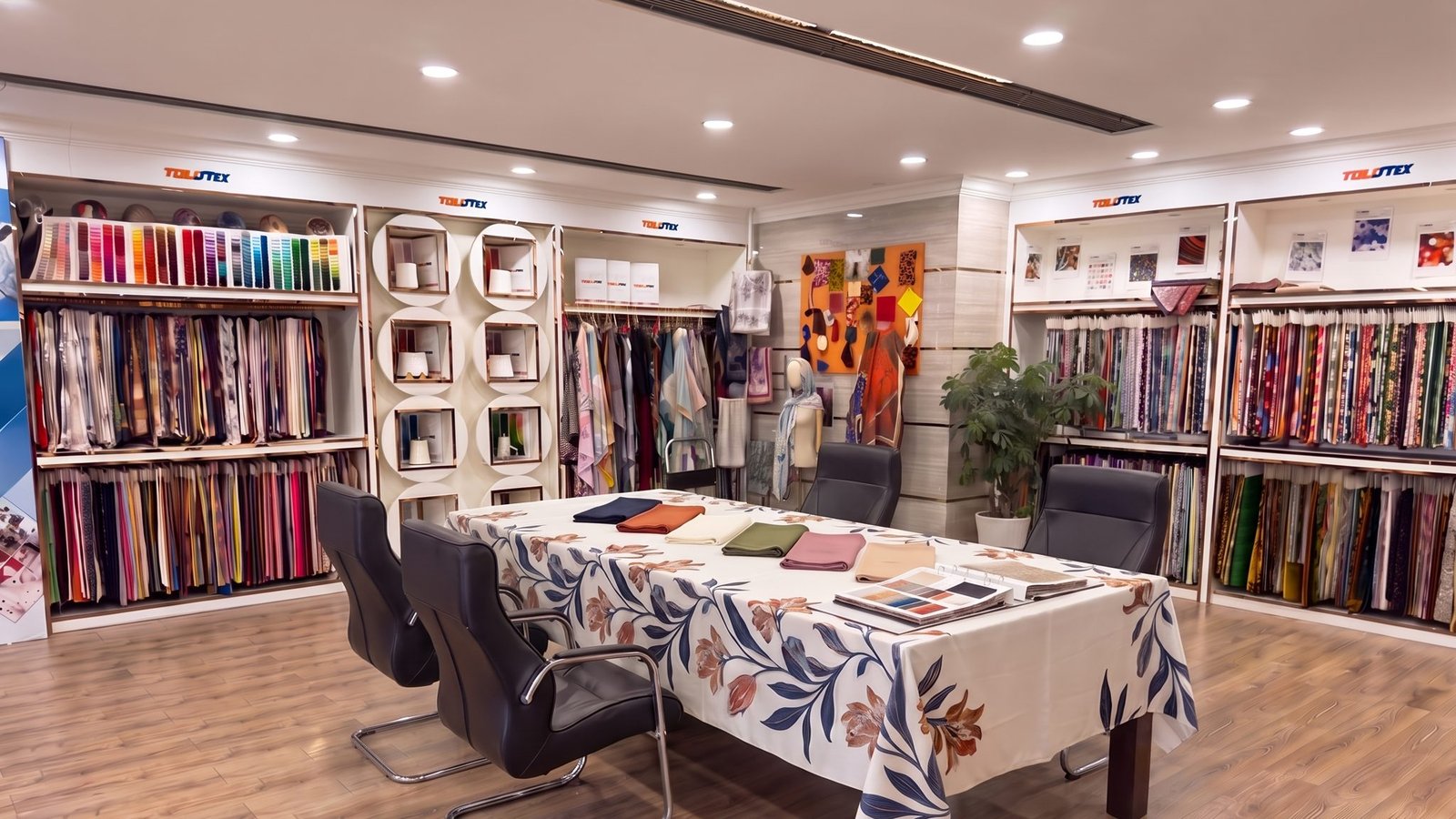 The TOLOTEX showroom in Keqiao, Shaoxing: walls of fabric and scarf samples, the colour-yarn library and the sampling table set with folded scarves and swatch books