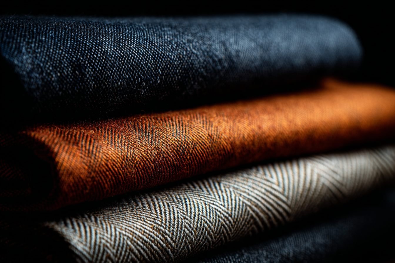 Stacked bolts of navy herringbone, burnt-orange twill and ivory woven fabric