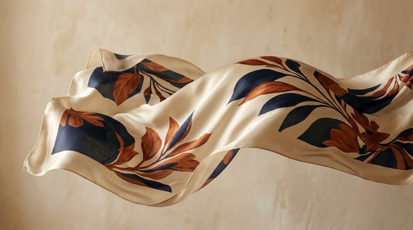 A printed TOLOTEX silk scarf in navy and burnt-orange botanicals floating mid-air against a warm plaster wall